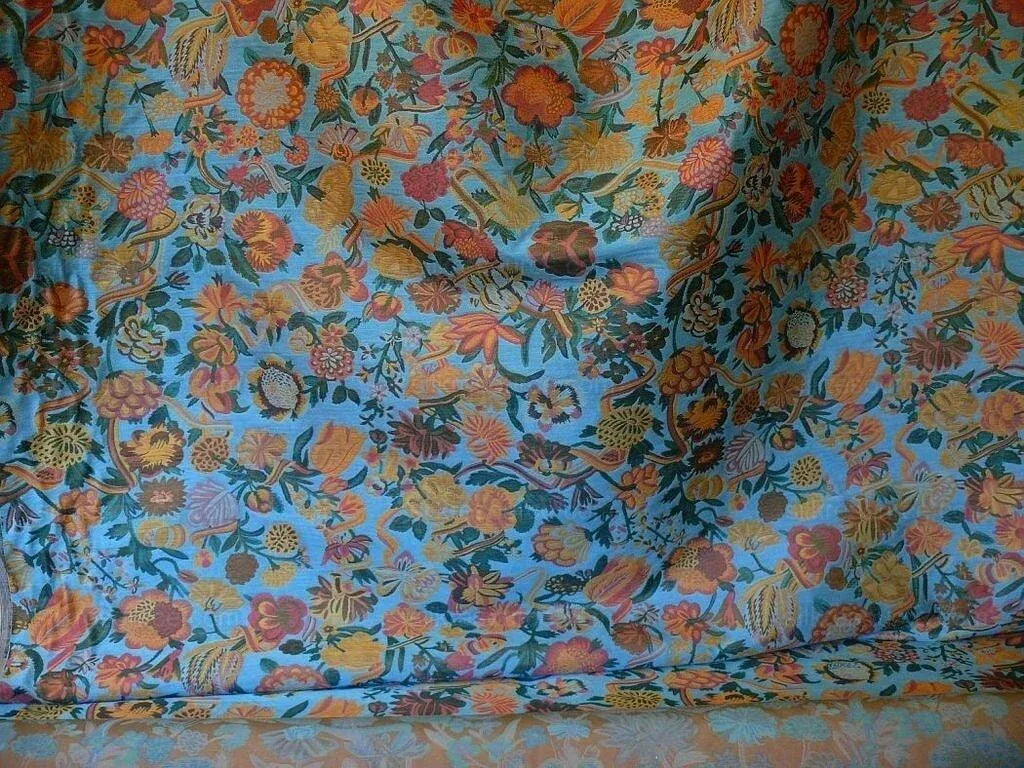 1.3 Brunschwig & Fils Eldorado Silk Lampas Blue Red Flower &ribbon MSRP USD 354/Y