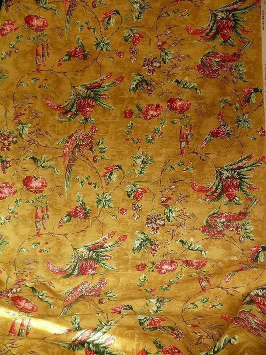 By Yard Scalamandre Dunraven Bird Of Paradise Hand Print Union Cloth Gold Mustard Pink Red Green MSRP USD 442/Y
