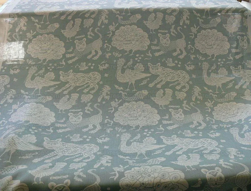 Clarence House Mythical Animals Bali Aqua Blue Robbin's Egg Linen Print Asian Tiger Peacock Fish