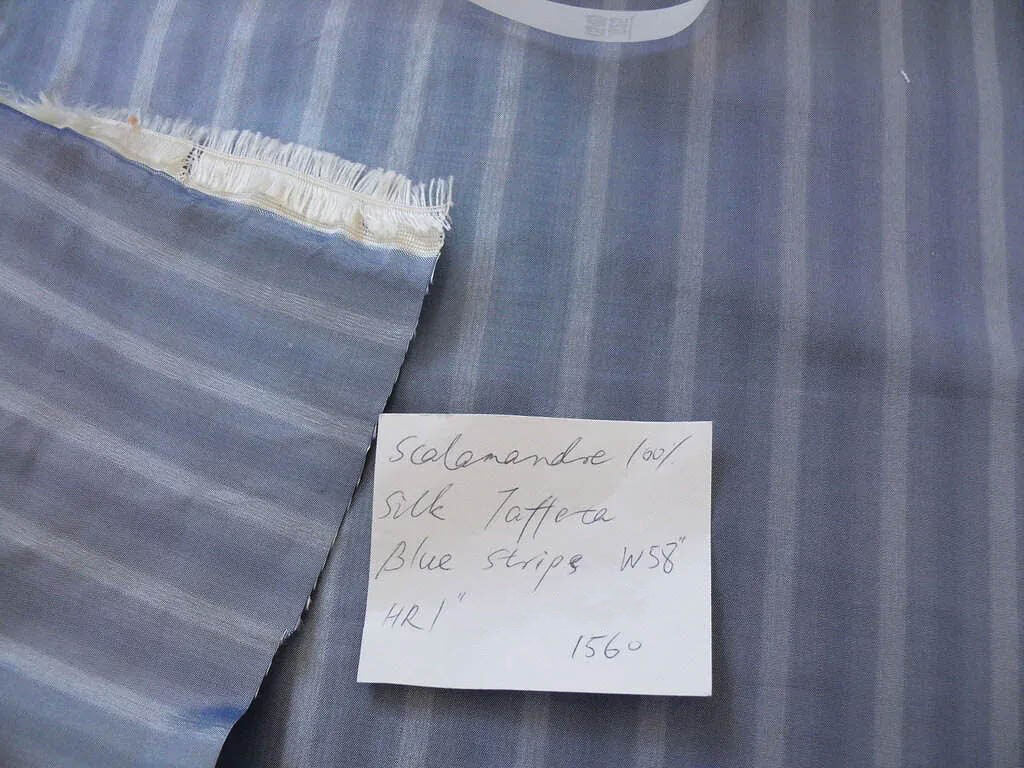 by yard Scalamandre Shimmer Silk 100% Silk Taffeta Blue Grey Cream White Silk Taffeta Stripe MSRP USD192/y