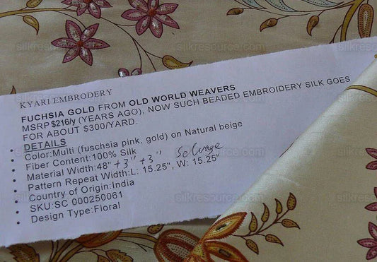 Scalamandre Kyari Embroidery Silk Fuchsia Gold Beaded with Real Glass MSRP USD216/Y