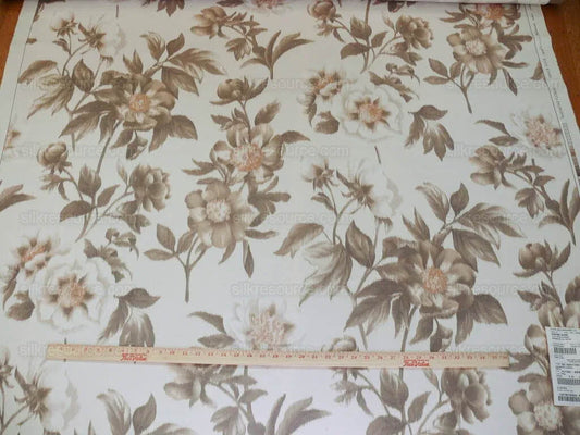 Scalamandre Anemone Flower Sepia Light Brown Grey On Cream Atmospheric 100% Silk Taffeta Print 20 Screens MSRP USD 278/Y