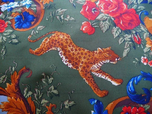 By 26"L Scalamandre Fonthill Paradiso Indiano Loden Exotic Leopard Parrot Safari Bird Print Cotton Green Red Orange blue MSRP USD558/yard