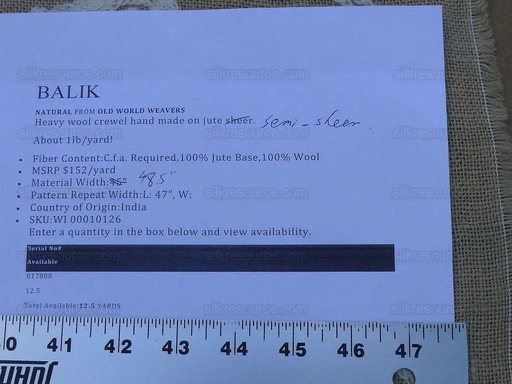 Old World Weavers Crewel Balik Embroidery White Wool On Natural Jute MSRP$ 304/Y