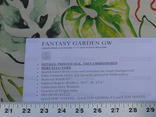 Scalamandre Fantasy Garden Cream Rose Lavender Blue Pink Silk Print Embroidery MSRP USD 342/Y