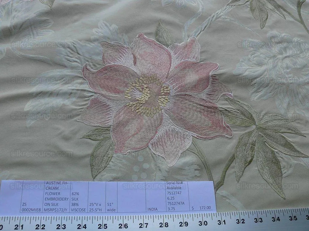 Scalamandre Austine Cream Large Flower Embroidery On Silk Damask Pink White Green MSRP USD 172/Y