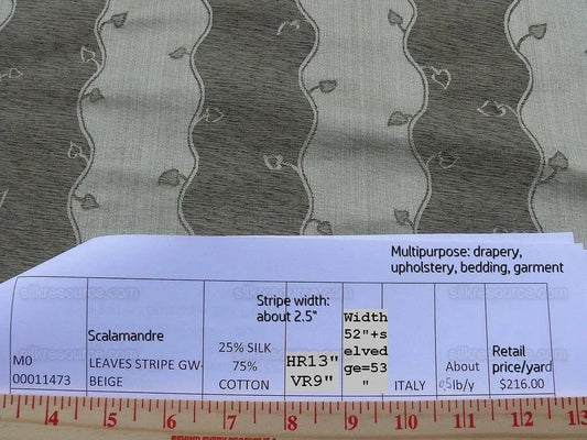 Bty Scalamandre Old World Weavers Silk Leaves Stripe Foliage beige MSRP USD 216/Y