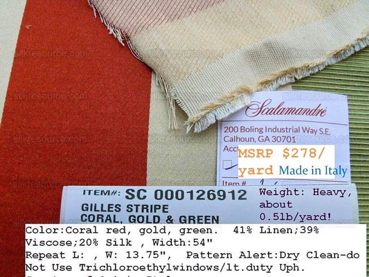 By Yd Scalamandre Gilles Stripe Coral Red Gold Green Classy Silk Linen Jacquard Heavy Stripe MSRP278/y