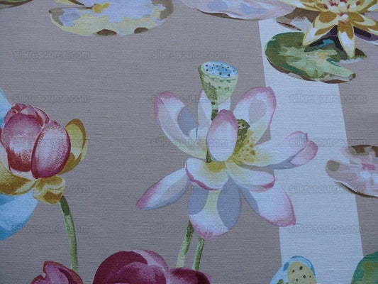 By yard Scalamandre Meiji Pond Tan Beige Lotus Water Lily Linen Print MSRP USD312/yard
