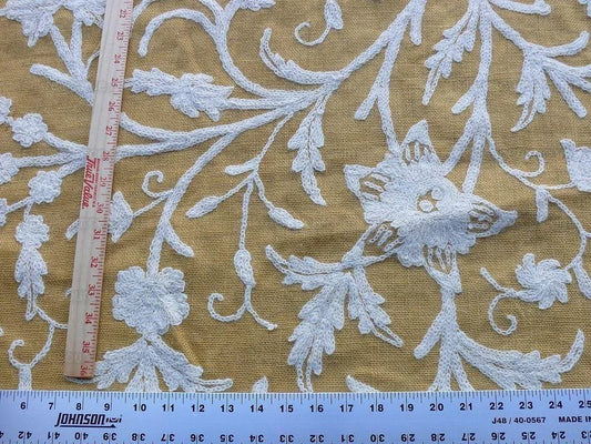 By Yd Old World Weavers Scalamandre Balik Gold Wool Crewel On Jute White on Golden Yellow MSRP USD 304/Y