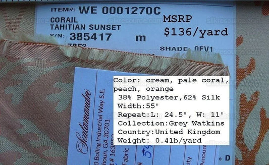 By yard Scalamandre Corail Grey Watkins Tahitian Sunset Orange Peach Coral Pink Cream MSRP USD 136/y