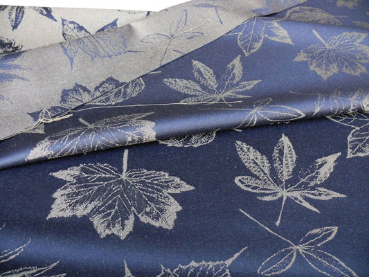 6.88Y SCALAMANDRE WOOL SATIN PRESSED LEAVES NAVY BLUE MAPLE ELM
