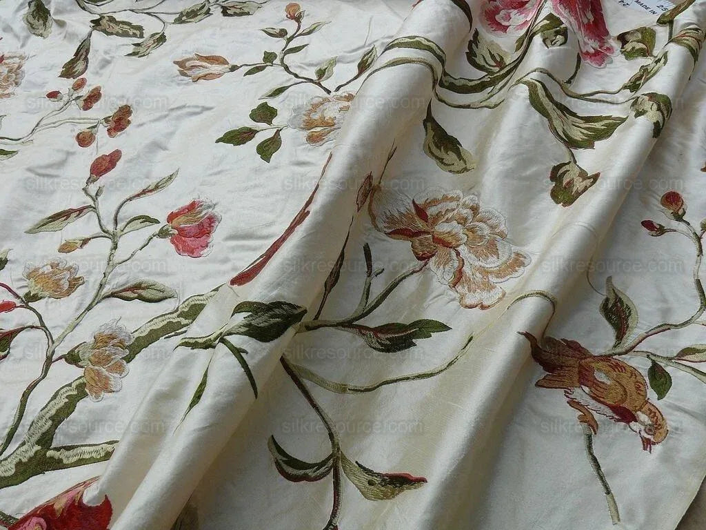 Lee Jofa Danthe Silk Embroidery Chinoisery Bird Flower Tree Peony Pomegranate pink Red Green on Cream MSRP USD 596/y