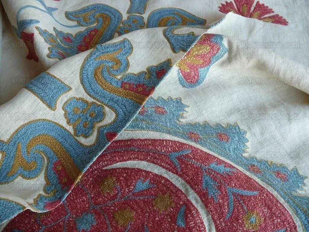 3.7y Brunschwig & Fils Flowers Of Jamakhana Tea Rose/blue Chartreuse Crewel Embroidery Linen Tulip Pomegranite Blue Red MSRP USD 596/Y