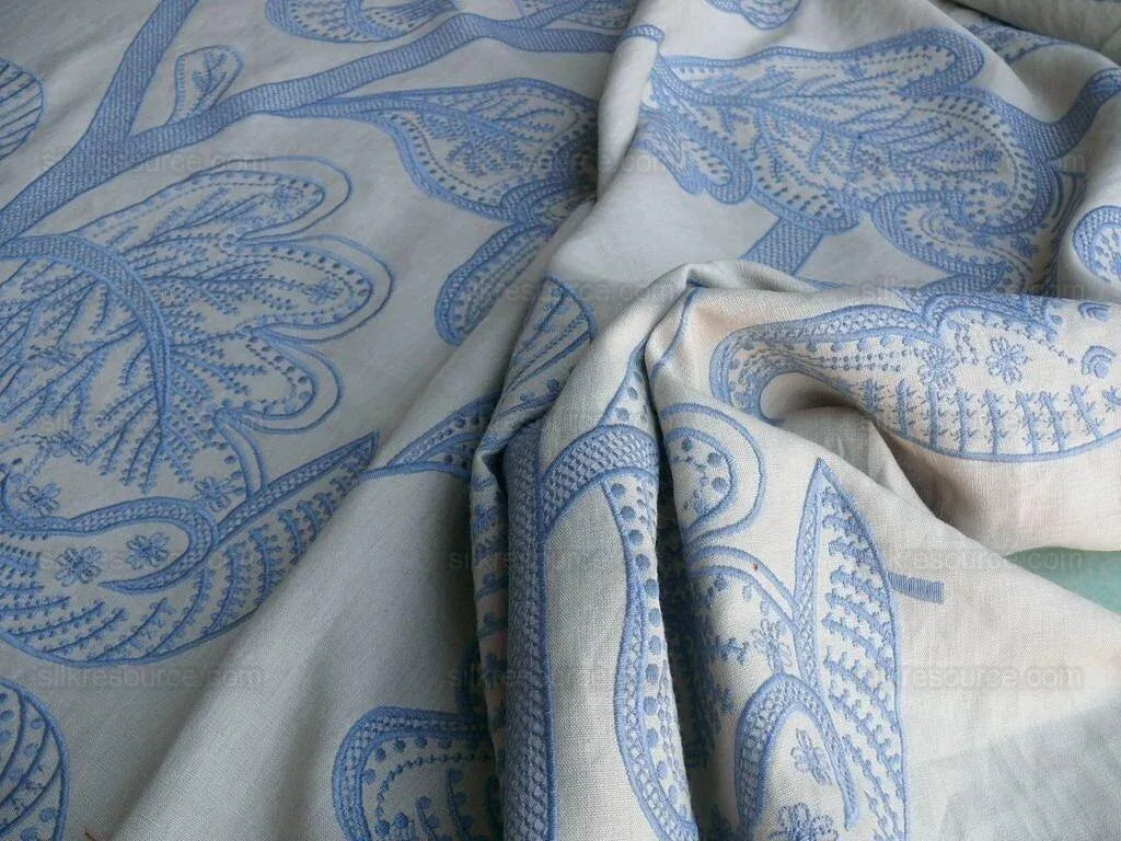 1.38yd Lee Jofa Whitcomb aegean Blue White Embroidery Linen Large Foliage MSRP USD 336Y