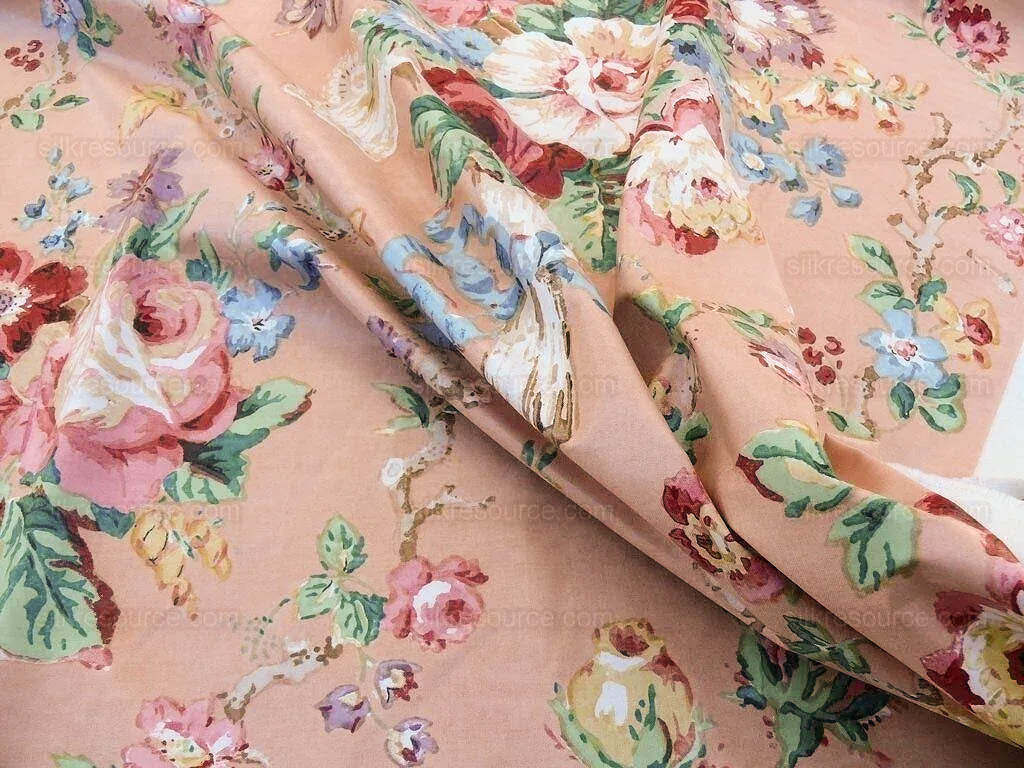 Scalamandre Fonthill Chatsworth Chintz Salmon Pink Blue Red Green Multi Color Rose Peony Bouquet with Ribbon English Garden Historical Prints Bouquet $364/y