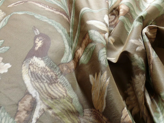 1.1y Scalamandre Oiseau des Exotique 100% Silk Warp Print Bird Brown Light Mocha
