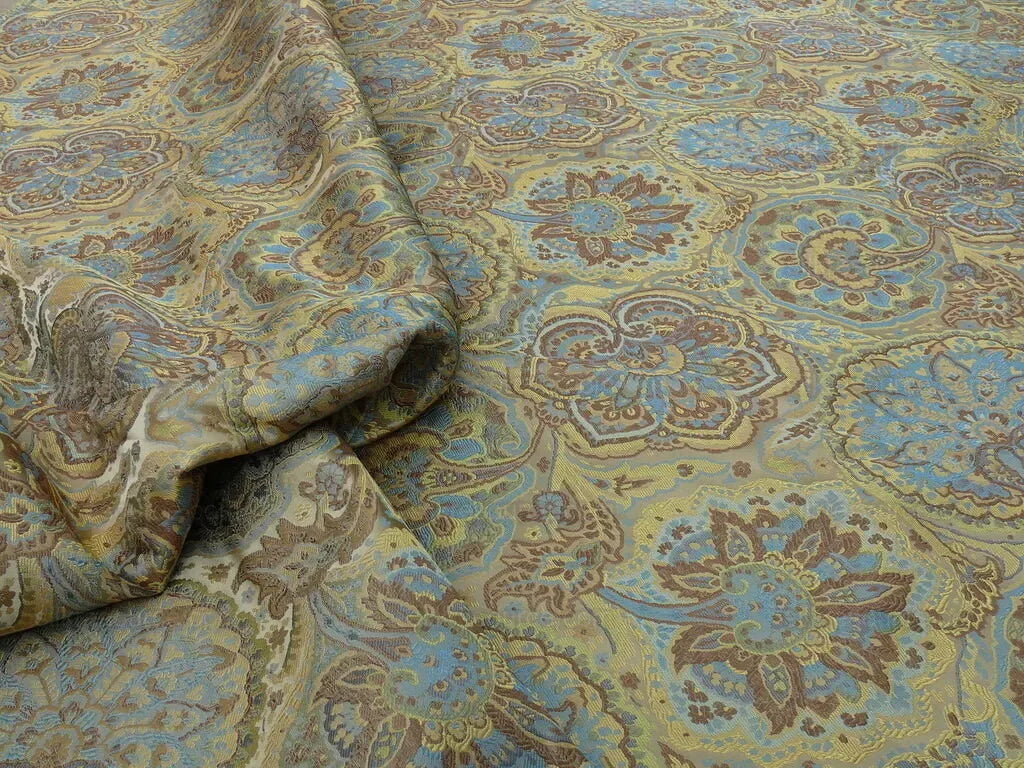 By yd 100% Silk Lampas Kaleidoscope Paisley Blue Gold Bronze MSRP$300+/y