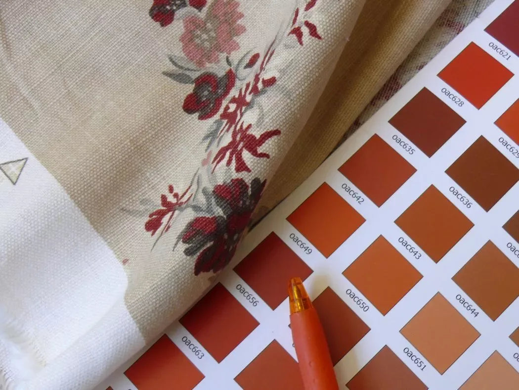 by yard Schumacher Thorp Linen Print Victorian Classy! Tan Red Grey #1364