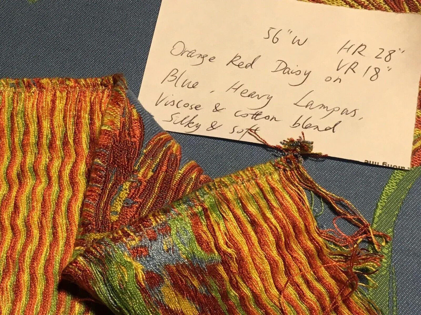 By yard High End Designer Lampas Orange Red Daisy on Blue Heavy! (1561)