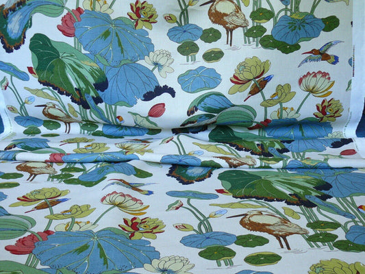 by yard Gp & J Baker Nympheus Linen Lotus Heron Bird Print Stone/pistachio MSRP USD278/y
