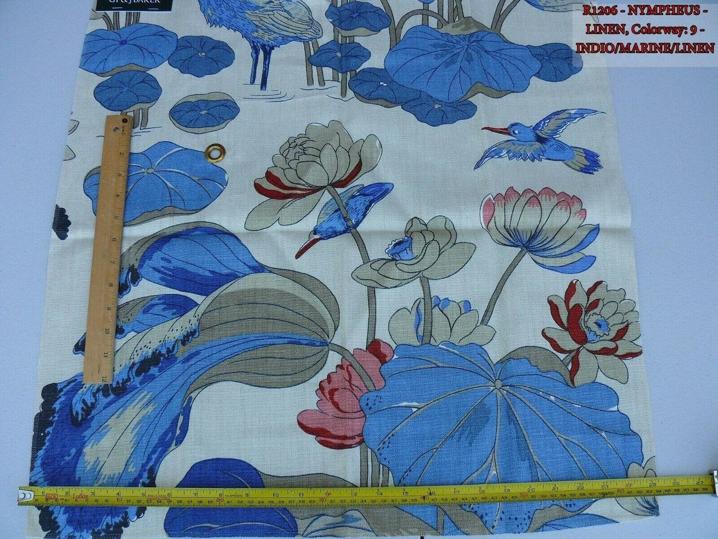 by yard Gp & J Baker Nympheus Linen Lotus Heron Bird Print Indigo/marine/linen MSRP USD284/y