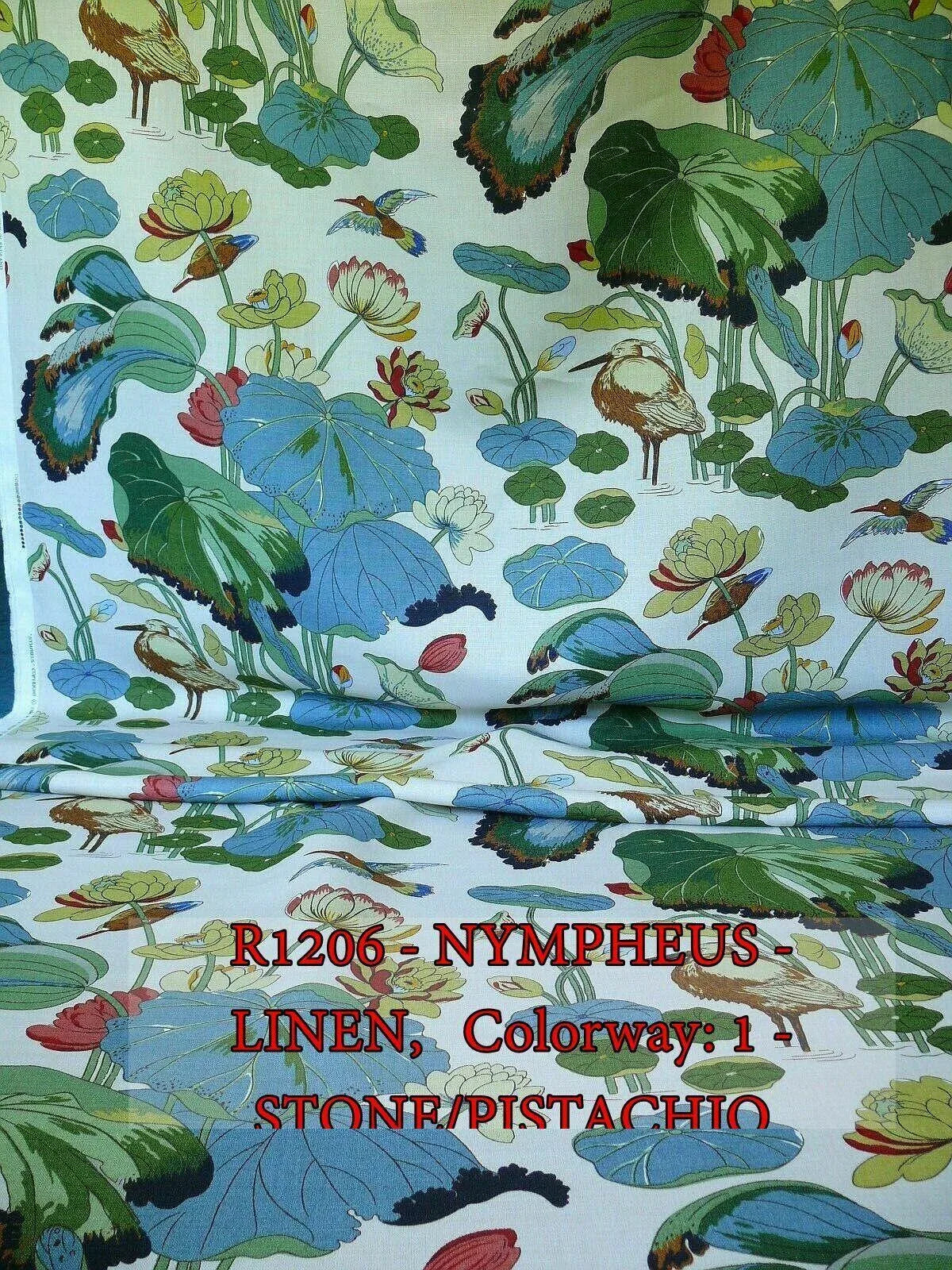 By yard Gp & J Baker Nympheus Linen Lotus Heron Bird Print Teal/green MSRP USD284/y