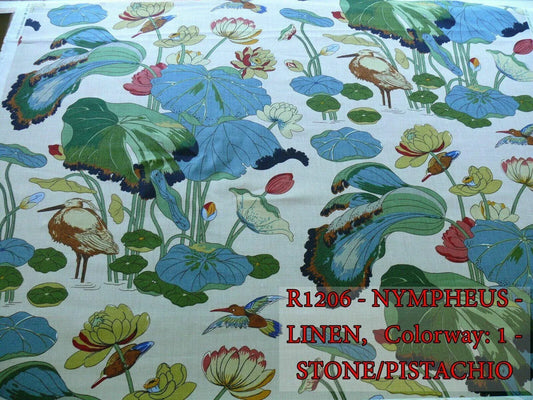 by yard Gp & J Baker Nympheus Linen Lotus Heron Bird Print Indigo/marine/linen MSRP USD284/y