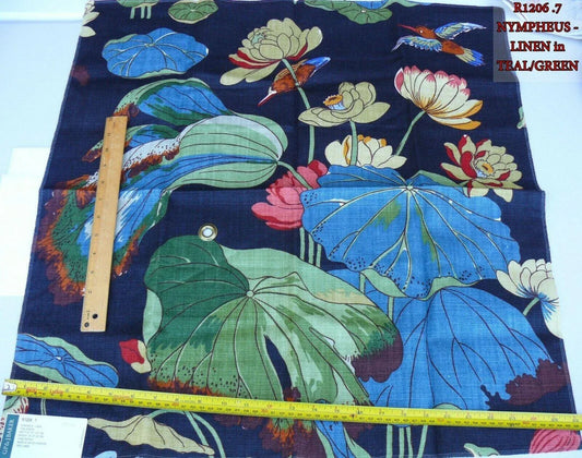 By yard Gp & J Baker Nympheus Linen Lotus Heron Bird Print Teal/green MSRP USD284/y