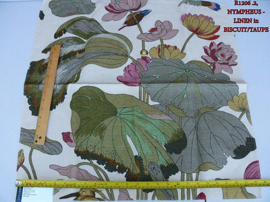 By yard Gp & J Baker Nympheus Linen Lotus Heron Bird Print Biscuit/taupe MSRP USD284/y