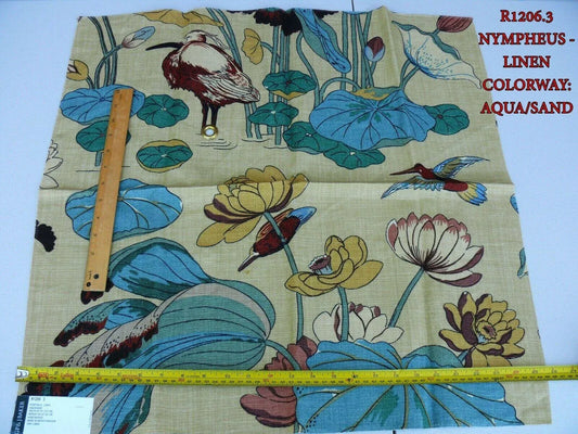 By yard Gp & J Baker Nympheus Linen Lotus Heron Bird Print Aqua/sand MSRP USD284/y