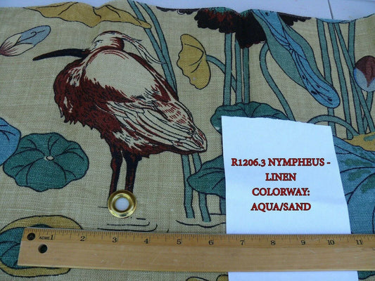 By yard Gp & J Baker Nympheus Linen Lotus Heron Bird Print Aqua/sand MSRP USD284/y