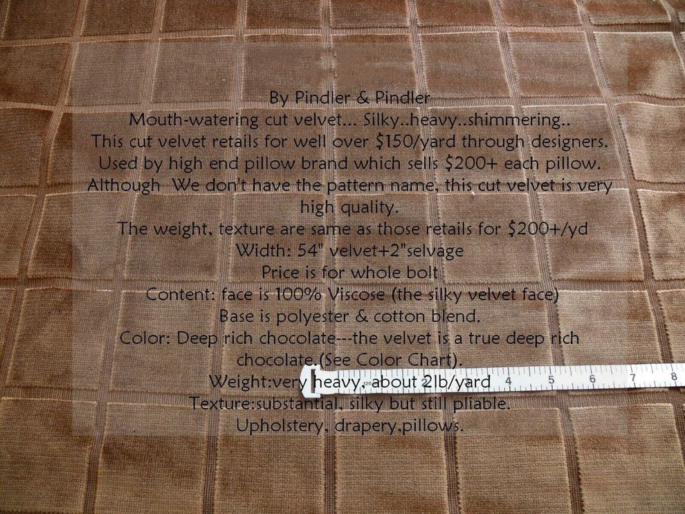 By Yard Pindler Fab Cut Velvet Silky Brown Chocolate Square! MSRP USD200+/y