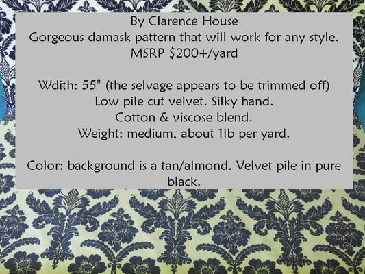 By Yard Clarence House Black Cut Velvet Classic Renaissance Damask Mid-century MSRP USD 280/Y #1215
