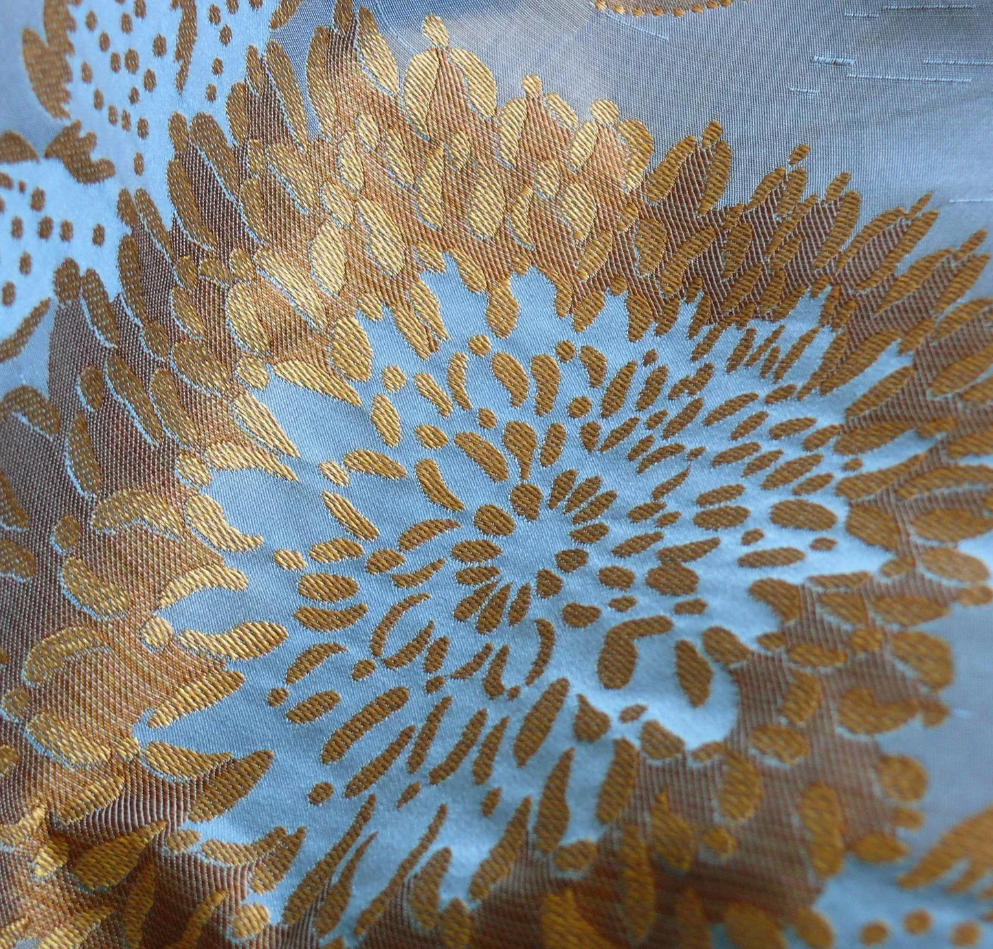 By yard Asian Modern 100% Silk Jacquard Retro Mum "Steel Blue" Brown Blue