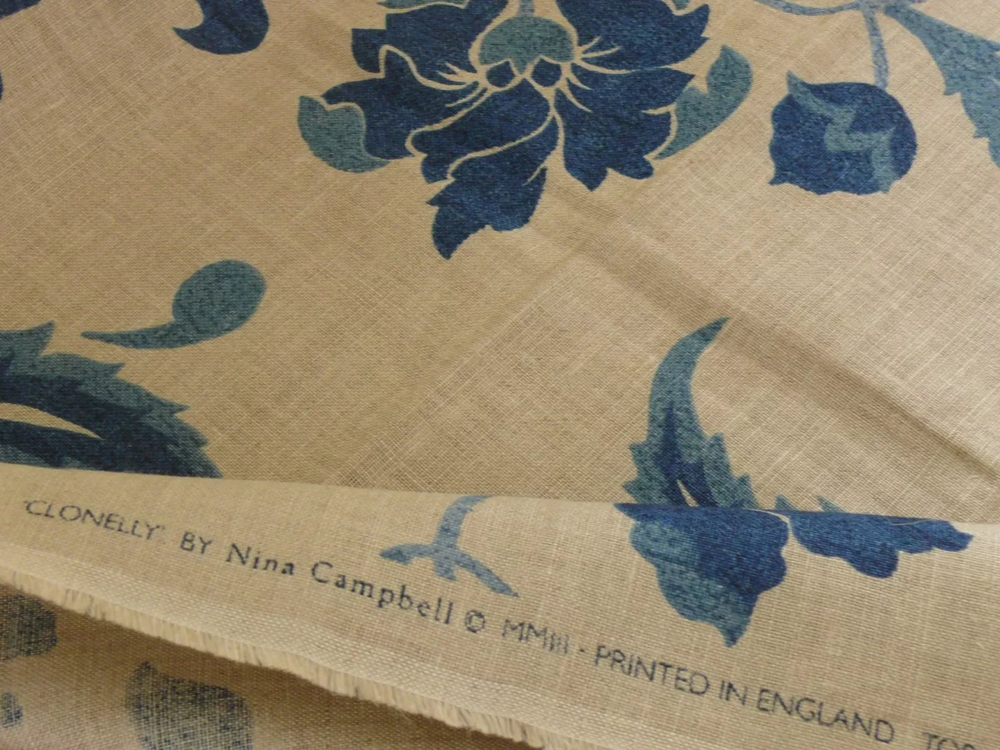 1.9Y Osborne $ Little/Nina Campbell White Indigo & Beige Blue Linen Print #887