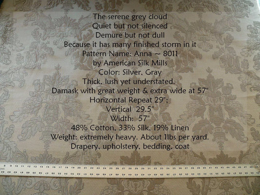 5.4yd Old World Weaver Silk & Linen Anna Jarquard Floral Damask Gray 5.4yd #1427