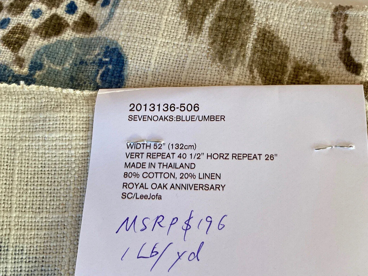 By YD Lee Jofa Seven Oaks Print Blue Umber Linen Blend MSRP USD196/Y Special Order