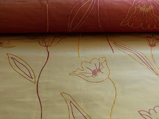 Tulip Lampas Silk - Tan Light Gold Red