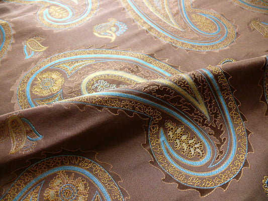 BY Yard Stunning 100% Silk Lampas Jacquard Fire Flame Edged Paisley "sumatra" Brown Gold Blue