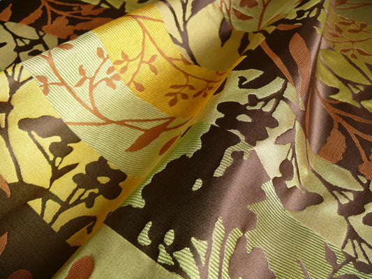 High End Art Nouveau 100% Silk Lampas Botanical Silhouette Rectangles "olive" Brown Green Gold