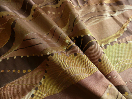 Music Note Art Deco Silk Lampas - Brown Gold Green