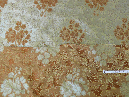 By Yd Hiend 100%silk Lampas Peony Bush "celadon" Ecru Beige Brown Blue 560 Celadon
