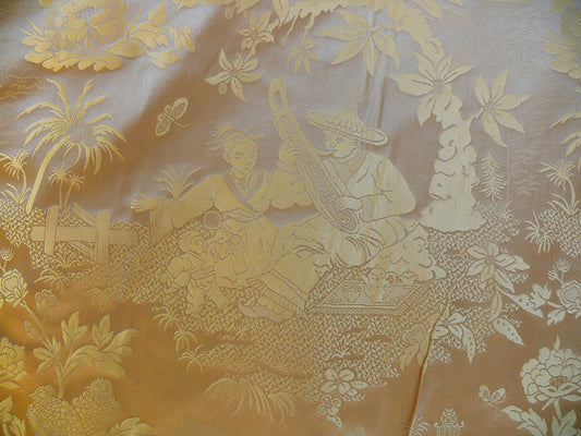 By yard 100% Silk Damask Chinoiserie Music Garden Tree Peony Bird Pagoda "sunkissed" Gold