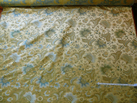 By yard 100% Silk Lampas Spring Garland "spa" Gold Blue Green