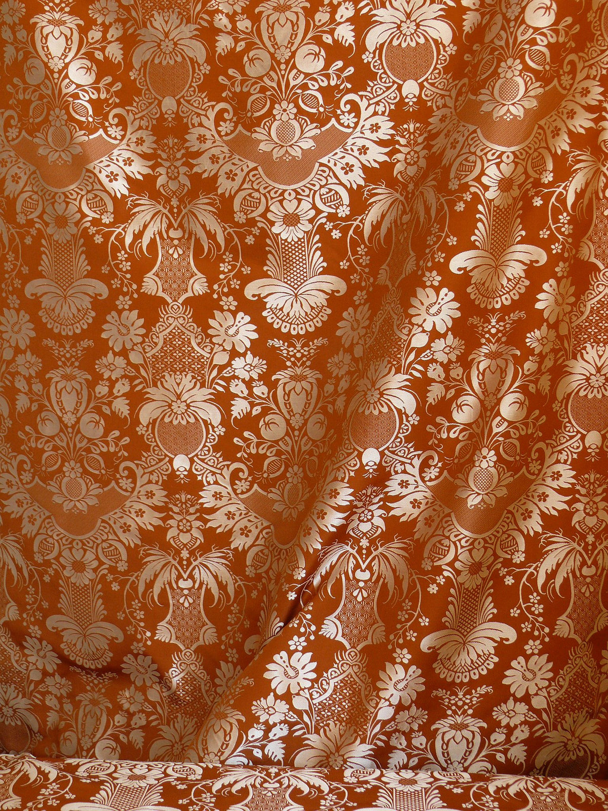 Scalamandre "chippendale" Silk Lampas Jacquard Artichoke Pomegranate Teak Rust Orange Cream Silver White