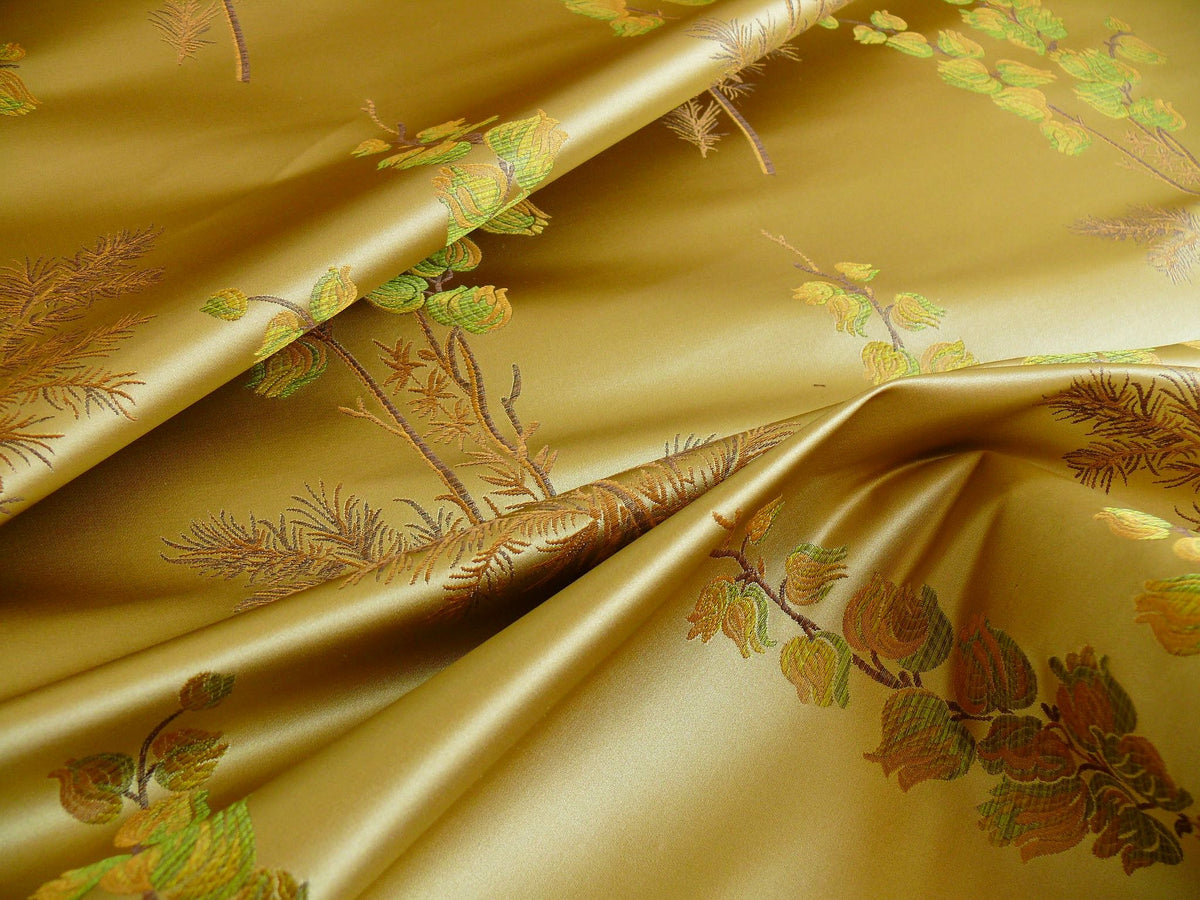 By Yard Schumacher 100% Silk Lampas Bell Flower "pine" Green Gold