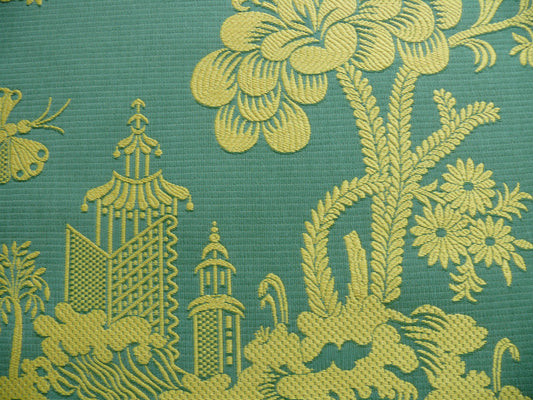 Scalamandre Mei Ling Chinoserie Pavillion Garden Lanscape Brocade Cotton Emerald Green Yellow Gold Bty