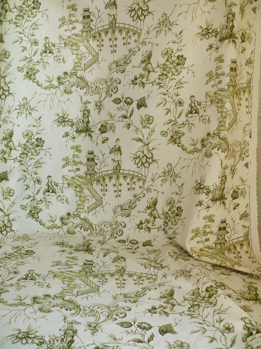 by yard Scalamandre Asian Garden Sage Green White Toile Chinoiserie Pavillion Landscape Figure Music Bty MSRP USD 170
