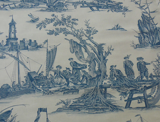 Scalamandre Marine Toile De Jouy Chintz Cotton - Blue On Cream